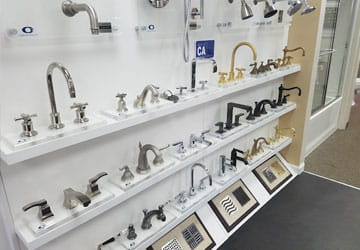 Showroom Faucet display at the Peabody Supply Peabody MA plumbing showroom