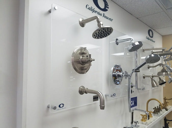 Shower and faucet displat at Peabody Supply Company Bath Showcase